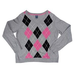 IZOD Womens XL Gray Pink Argyle V-Neck 100% Cotton Knit Sweater Preppy Classic